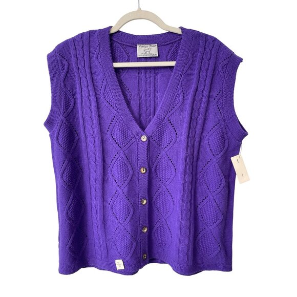 Vintage 90s College Point Cable Knit Sweater Vest Sz Medium Purple Deadstock NEW - Picture 1 of 7